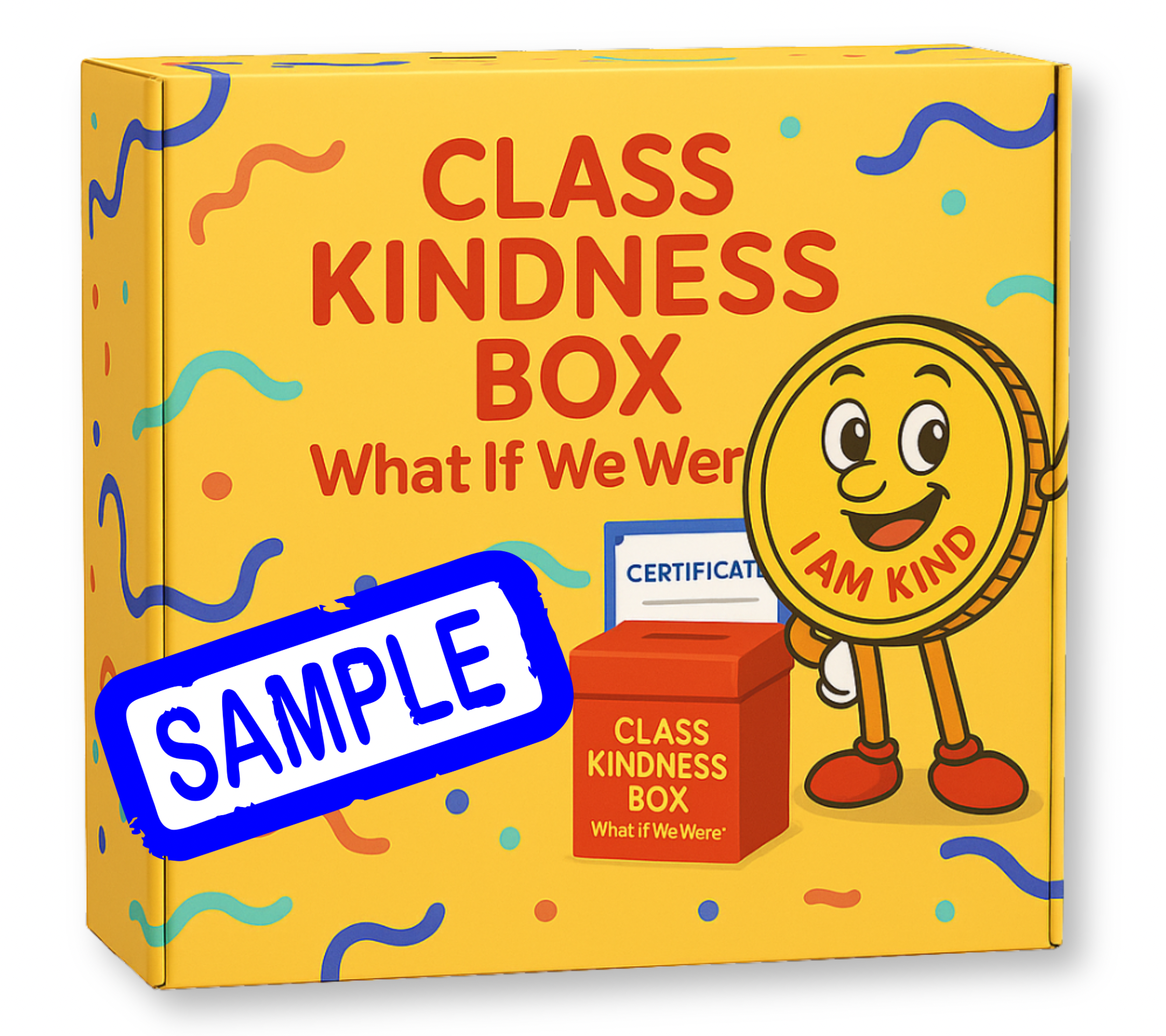 Class Kindness Box packaging with a cartoon character and 'I AM KIND' badge on a yellow background.