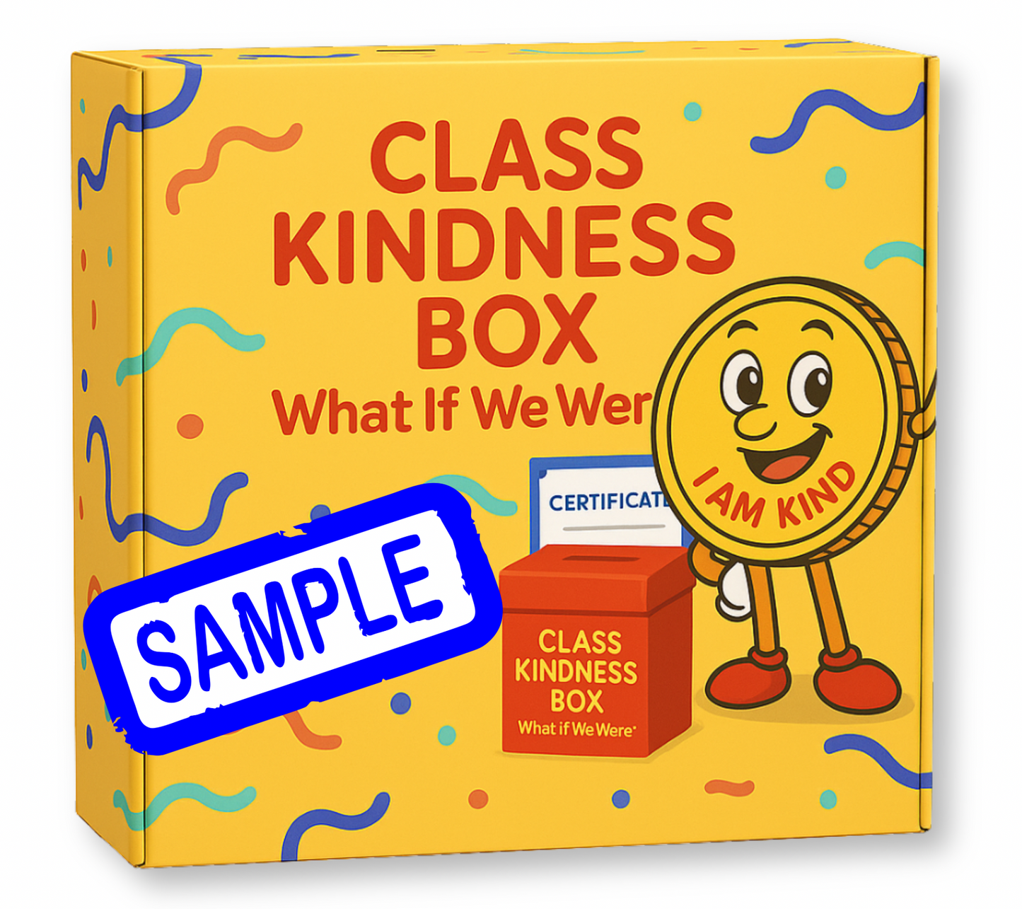 Class Kindness Box packaging with a cartoon character and 'I AM KIND' badge on a yellow background.