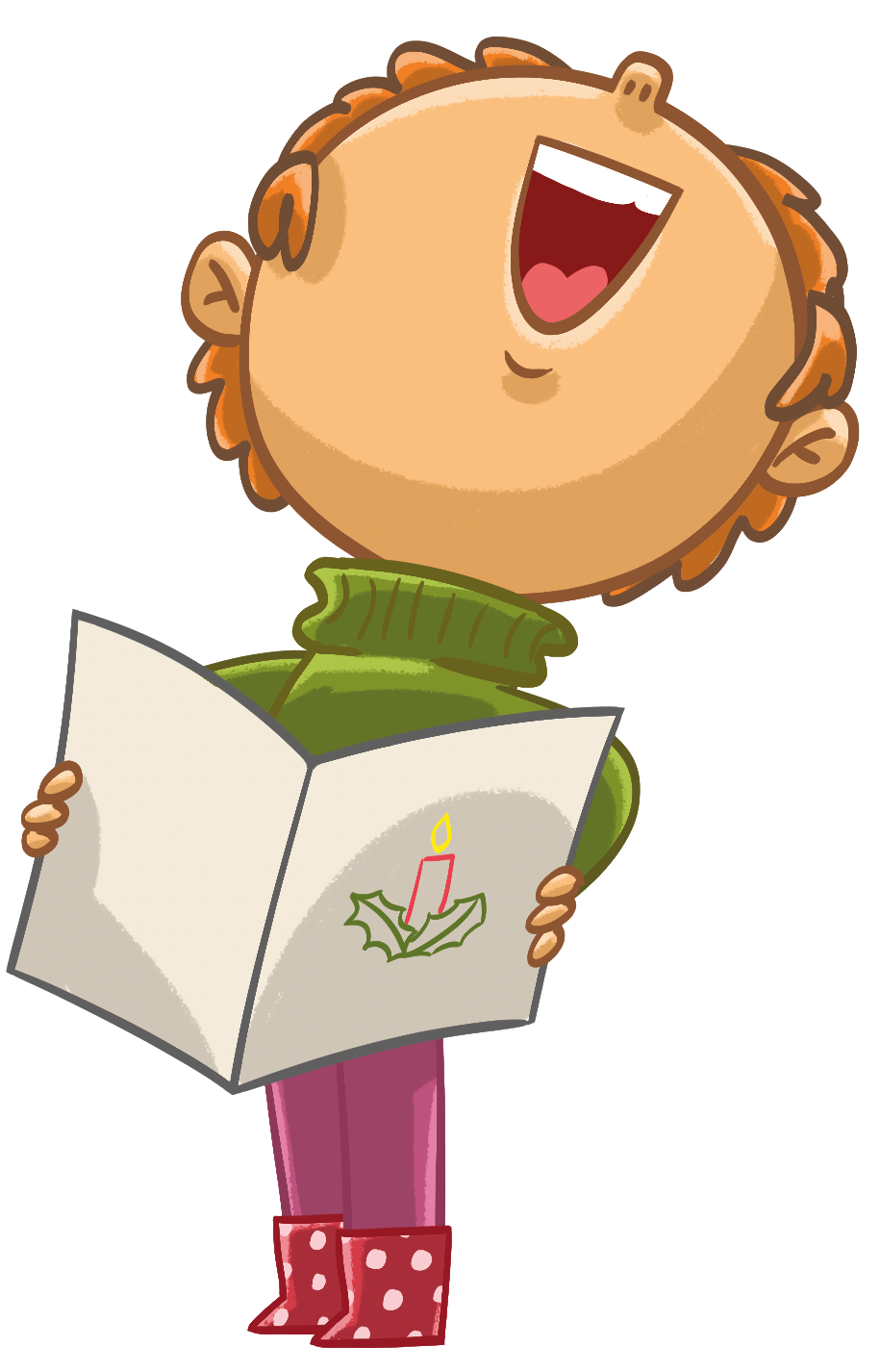 Cartoon character holding a book with a green cover and red polka dot boots on a white background