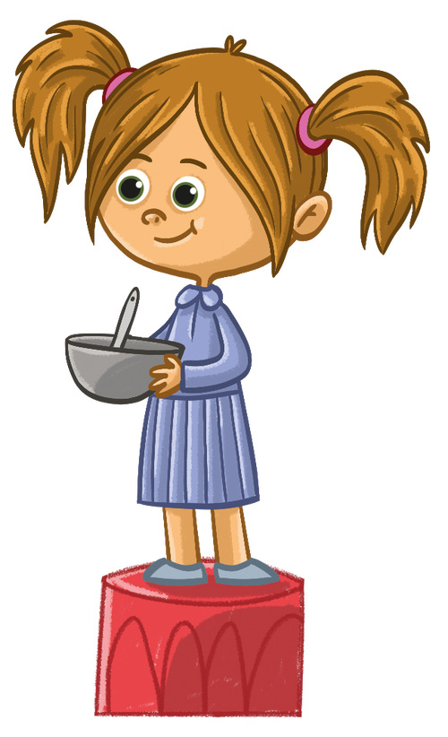 Cartoon girl with pigtails holding a bowl and spoon on a white background