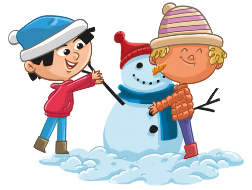 Two children building a snowman with a third child on top, all wearing winter hats and scarves.